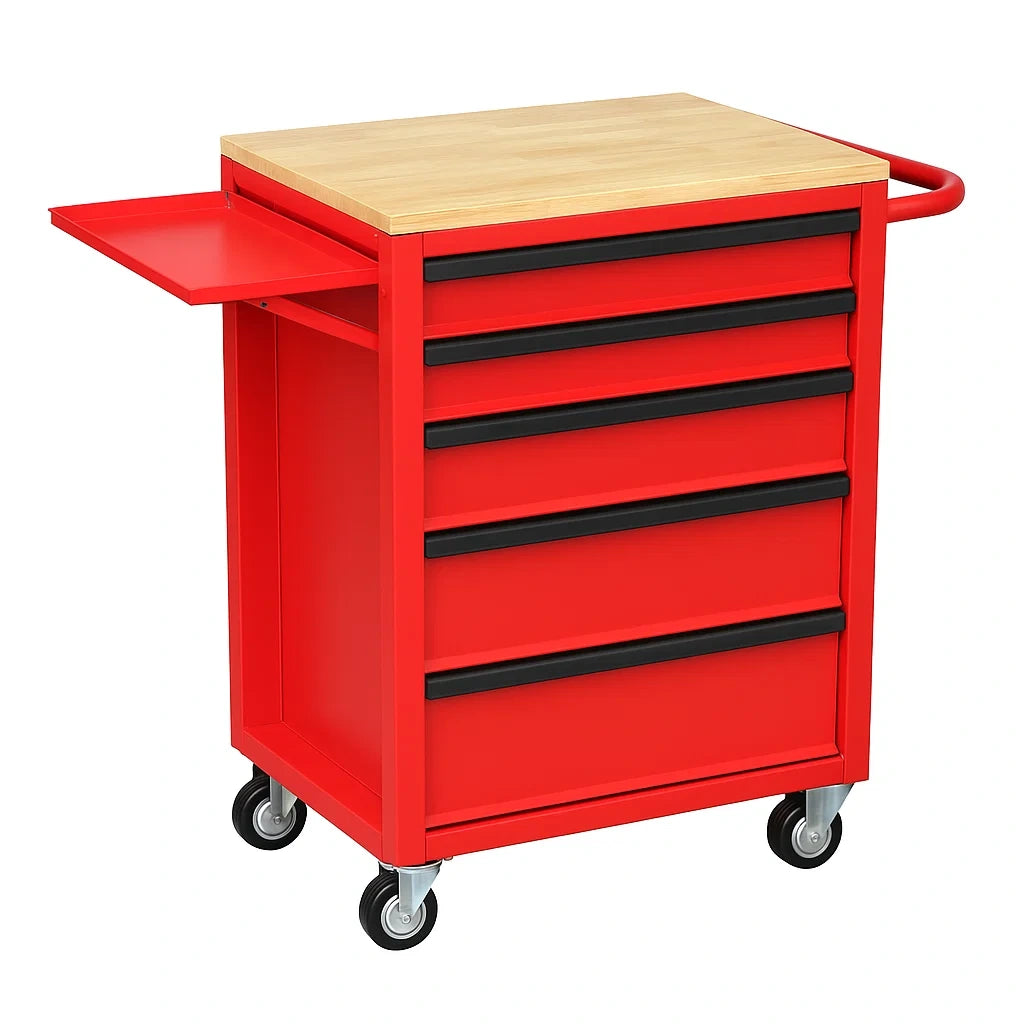 Carrello porta attrezzi in metallo rosso con piano in legno
