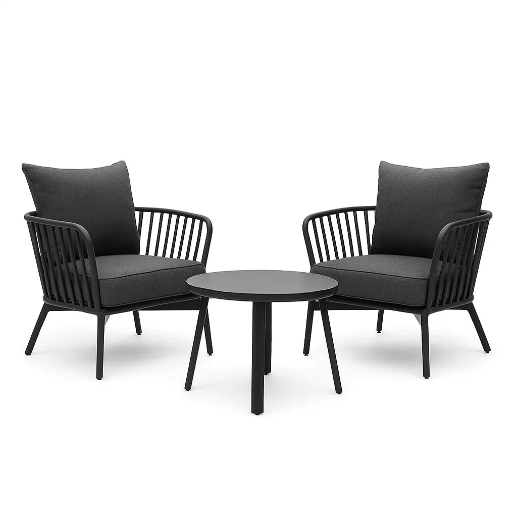 Set da Giardino in Metallo con 2 Poltrone e Tavolino, Nero/Grigio