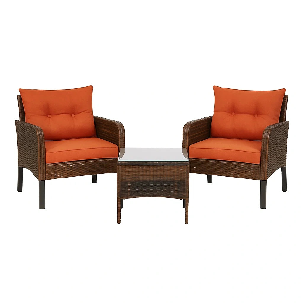 Set da Esterno in Rattan con Cuscini Arancioni e Tavolino in Vetro