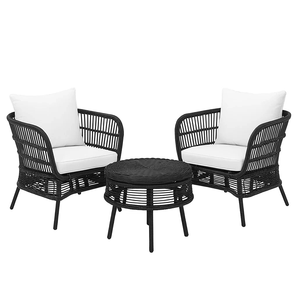 Set di Mobili da Giardino in Rattan Sintetico Nero con Cuscini Bianchi