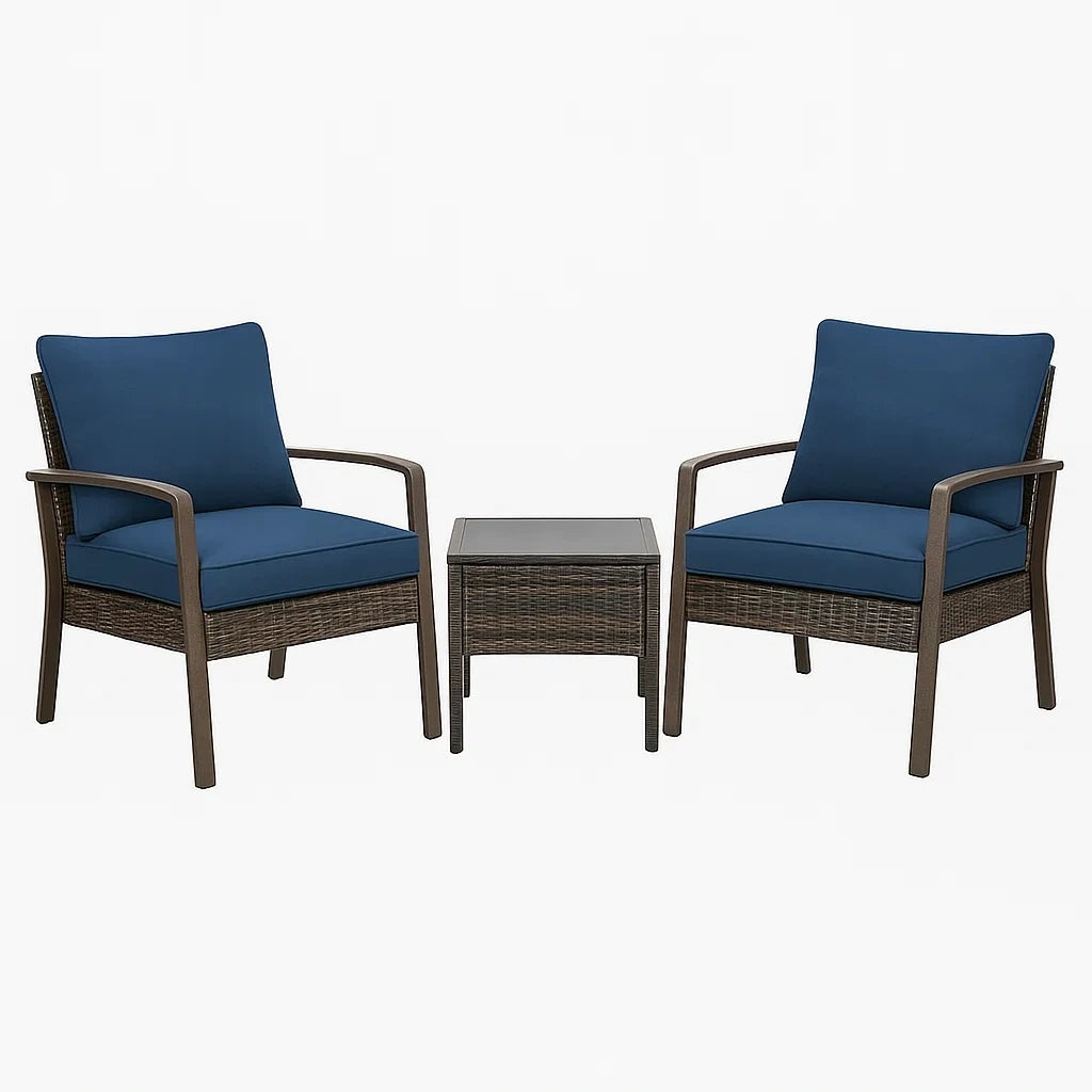 Set da Giardino con 2 Poltrone e Tavolino in Metallo e Tessuto Blu