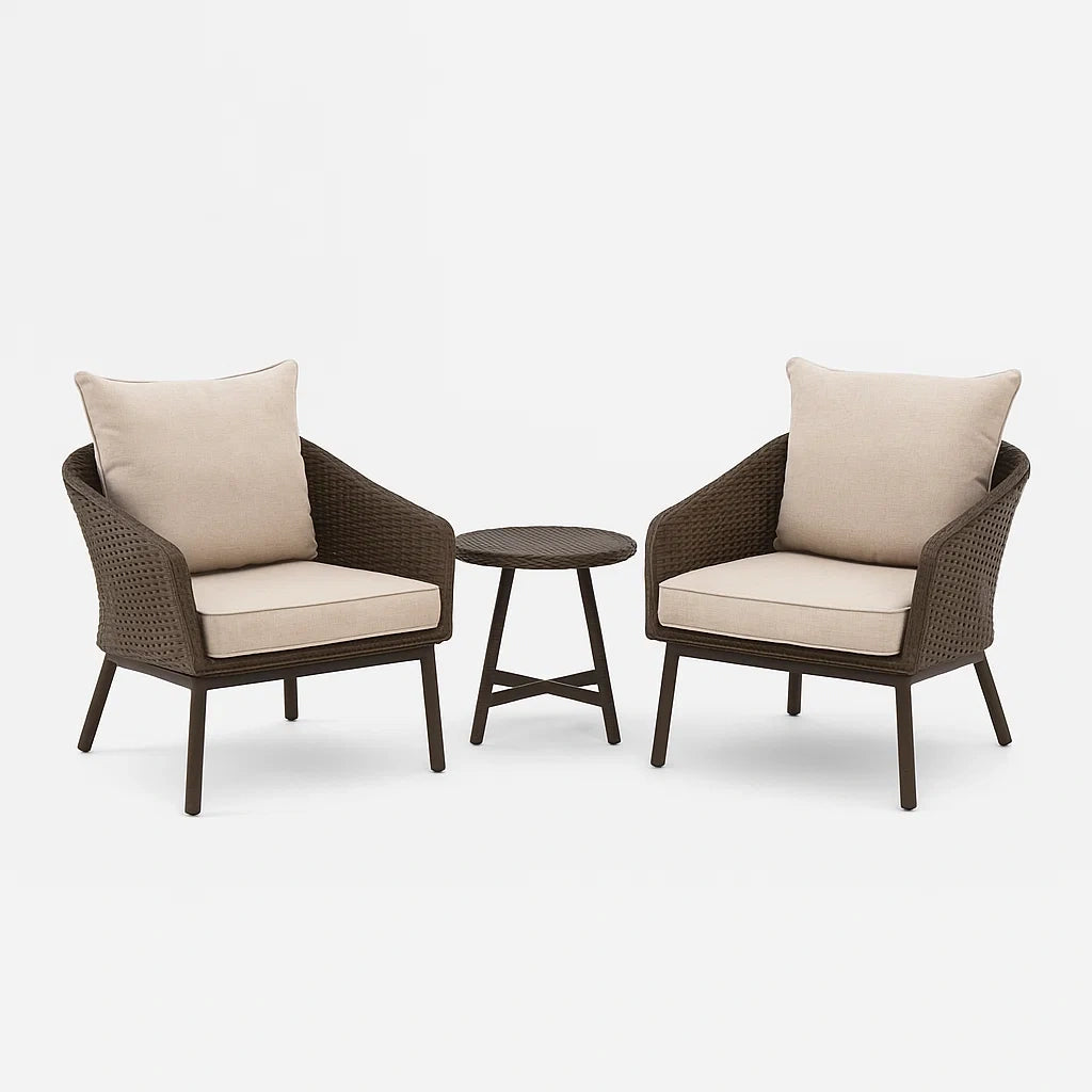 Set da Giardino con 2 Poltrone in Rattan Sintetico e Tavolino Rotondo con Cuscini Beige