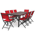 Set Tavolo da Pranzo Esterno con 8 Sedie in Metallo e Tessuto Rosso