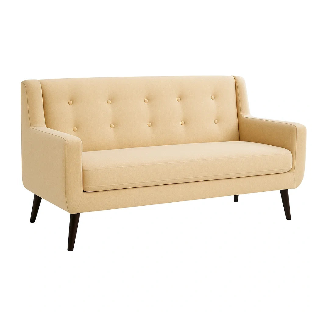 Divano a 3 Posti in Tessuto Beige con Gambe in Legno