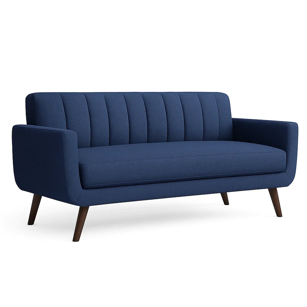 Divano a 3 posti in tessuto blu con gambe in legno