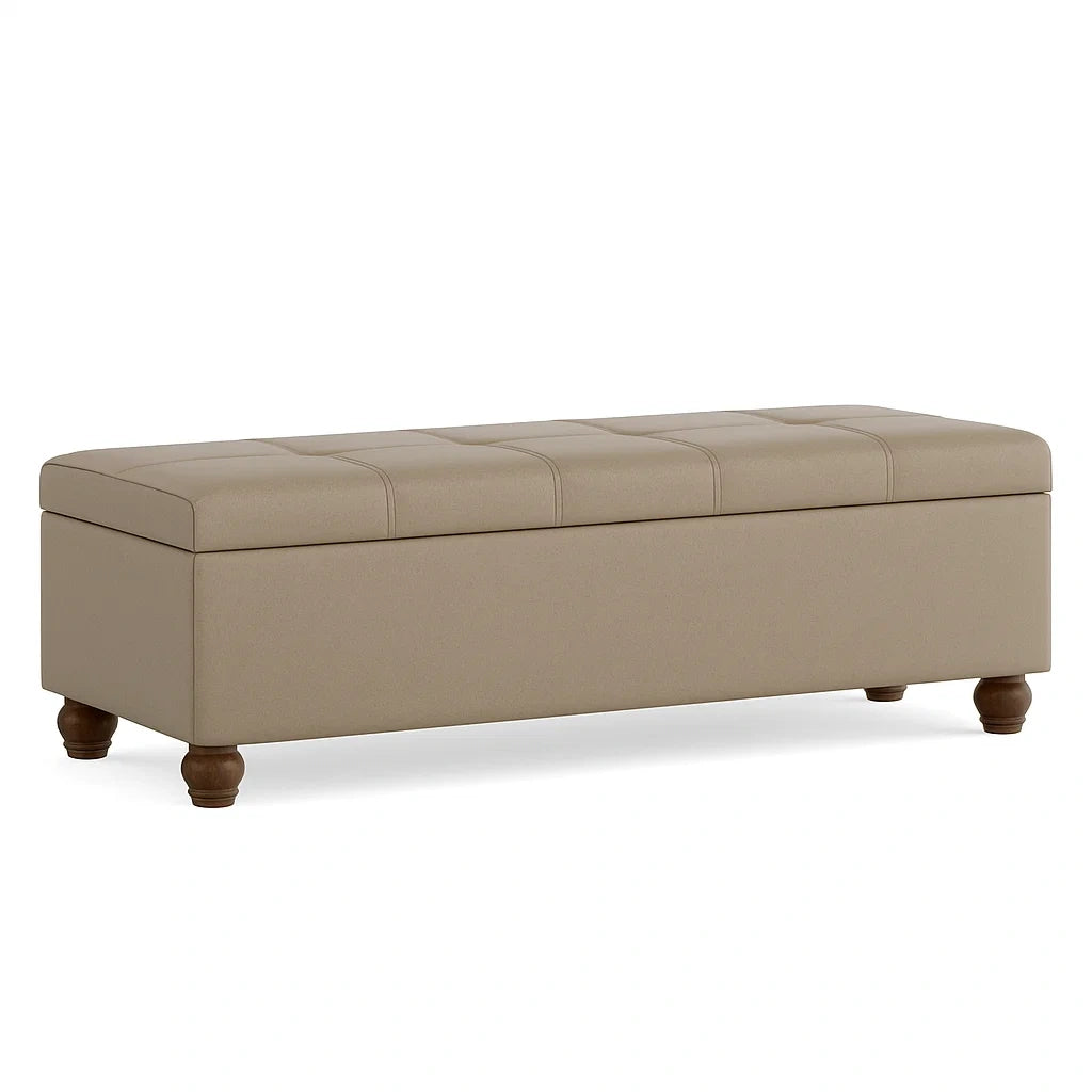 Panca Contenitore in Pelle Sintetica Beige con Gambe in Legno