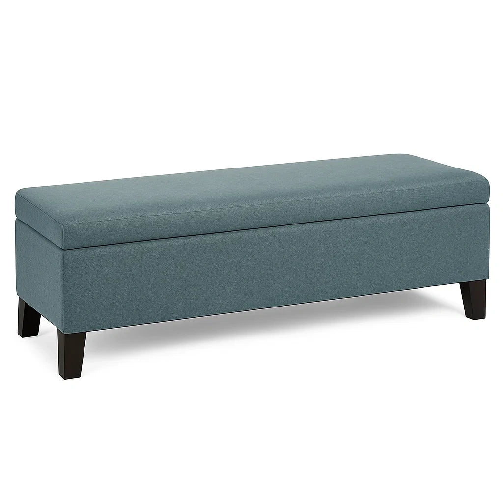 Panca Contenitore in Tessuto Blu con Gambe in Legno