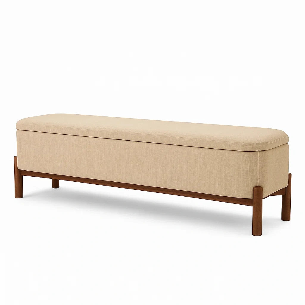 Panca contenitore in tessuto beige con base in legno di quercia