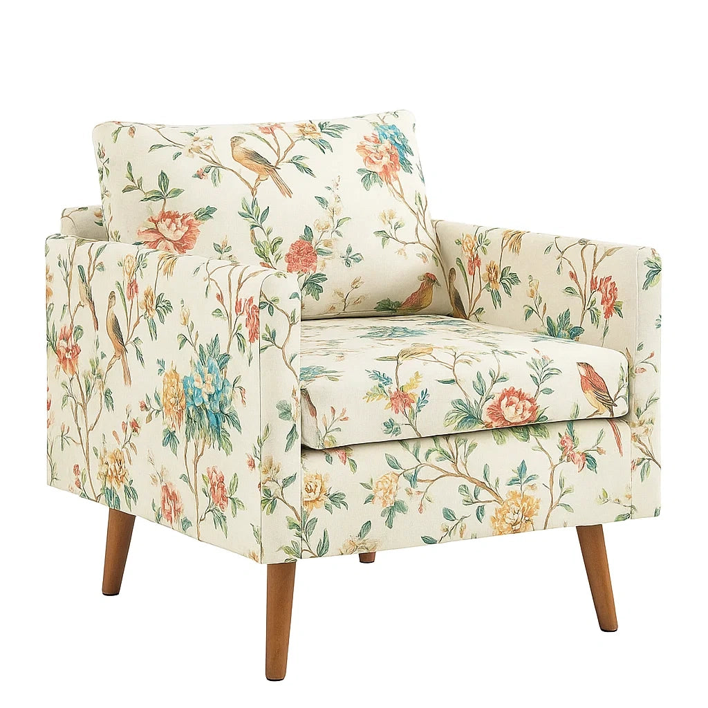 Poltrona in tessuto floreale con gambe in legno