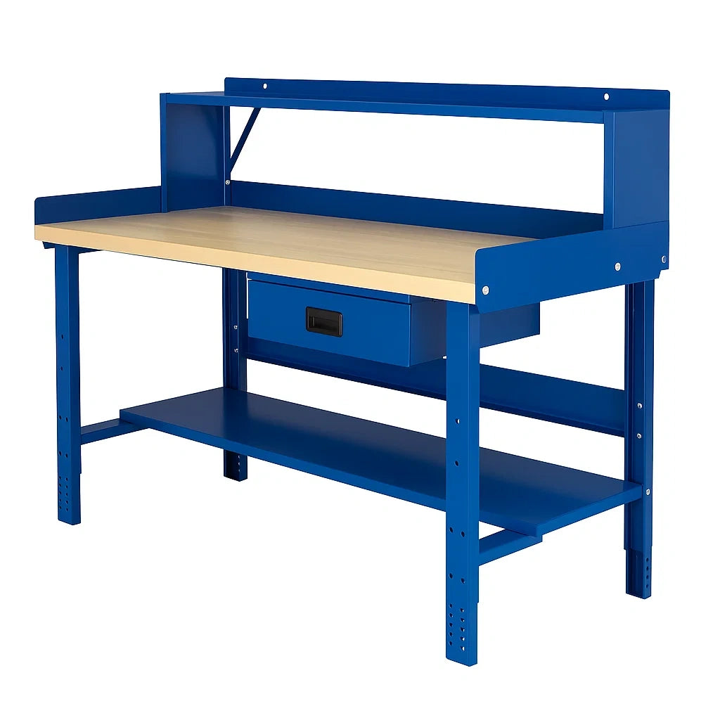 Banco da lavoro in metallo blu con piano in legno e cassetto