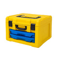 Scatola porta attrezzi in plastica gialla con cassetti blu