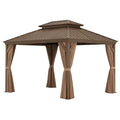 Gazebo in Alluminio con Tetto in Acciaio e Tende in Poliestere Marrone