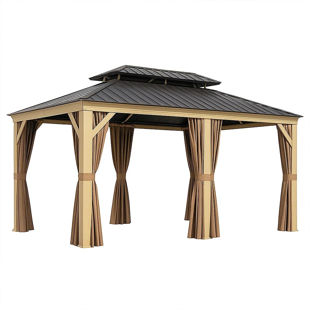 Gazebo da Giardino in Alluminio con Tetto in Acciaio e Tendaggi in Poliestere