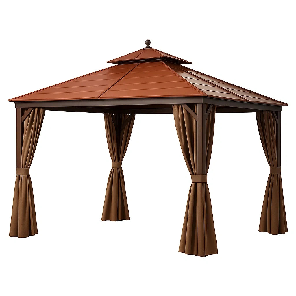 Gazebo da Giardino Metallo con Tetto a Due Strati e Tende in Tessuto