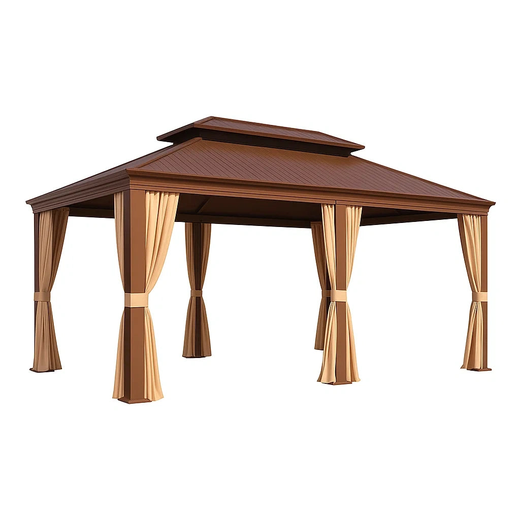 Gazebo in Alluminio e Policarbonato con Tendaggi 3x4 m Marrone