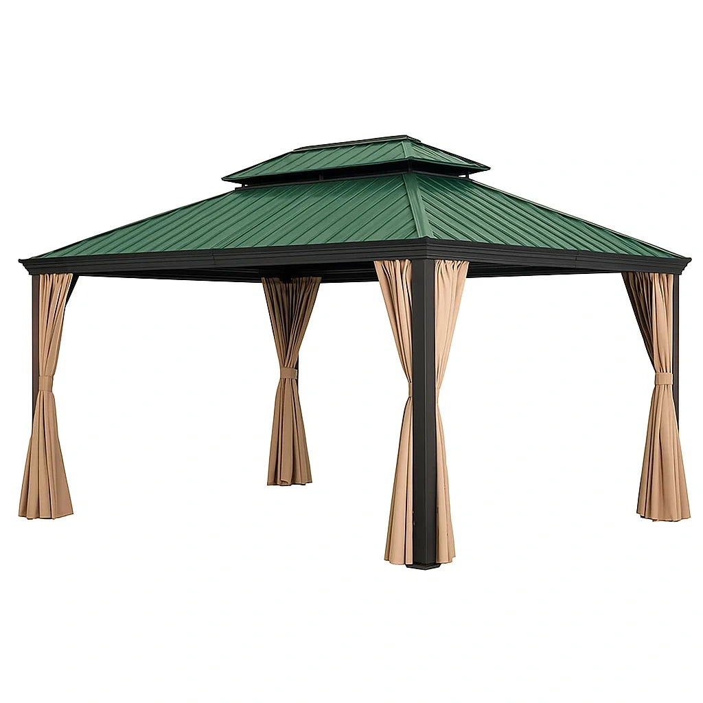 Gazebo in Metallo con Tettuccio in Acciaio e Tende in Poliestere, Verde e Beige 3x3m