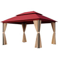 Gazebo in Acciaio con Rivestimento in Poliestere Rosso e Tende Beige 4x3m