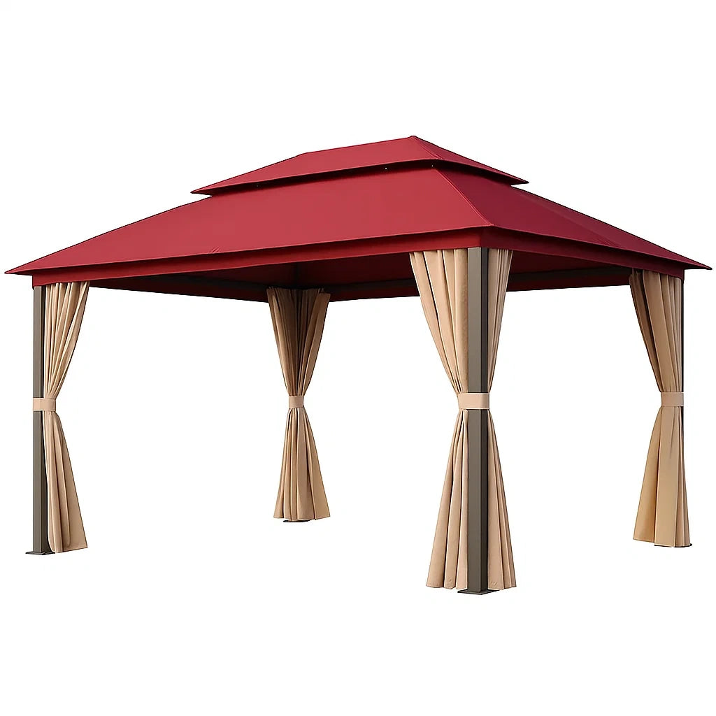 Gazebo in Acciaio con Rivestimento in Poliestere Rosso e Tende Beige 4x3m